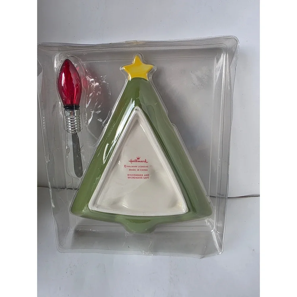 Hallmark Christmas Tree Appetizer Plate and Spreader Set Red Light Bulbs Ceramic